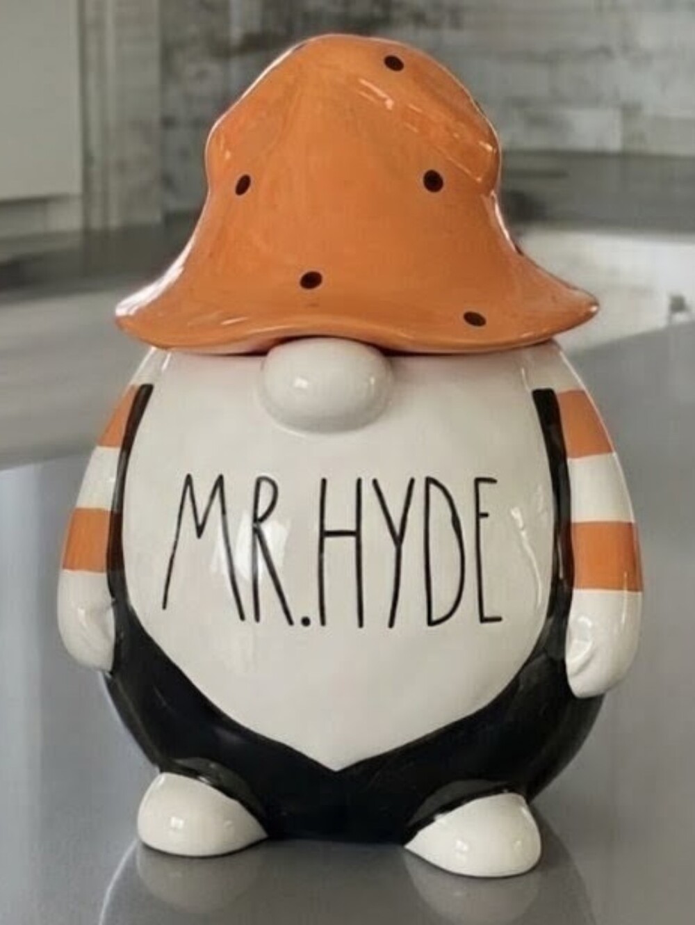 Rae Dunn "MR. HYDE" Halloween Gnome Ceramic Cookie Jar